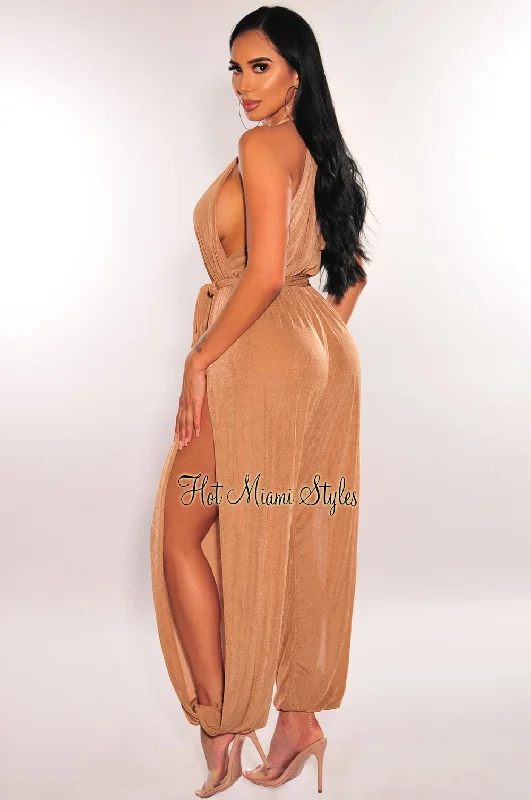 mocha-shimmery-slit-hem-belted-harem-jumpsuit