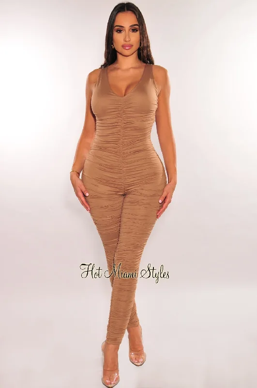 mocha-v-neck-sleeveless-ruched-cut-out-back-jumpsuit