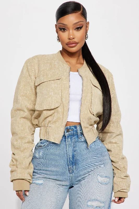 Not So Tough Cropped Bomber Jacket - Taupe