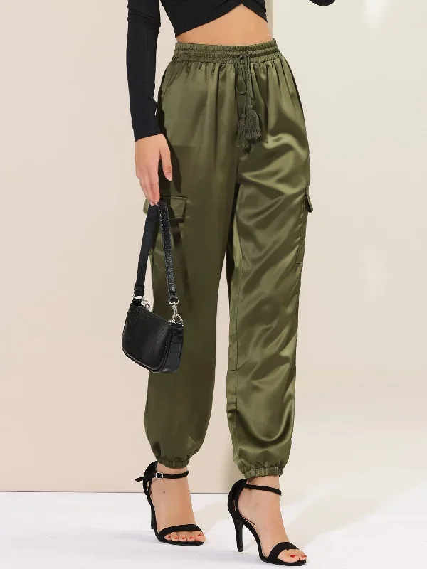 Women's Satin Joggers Drawstring Elastic High Waist Silky Satin Cargo Pants