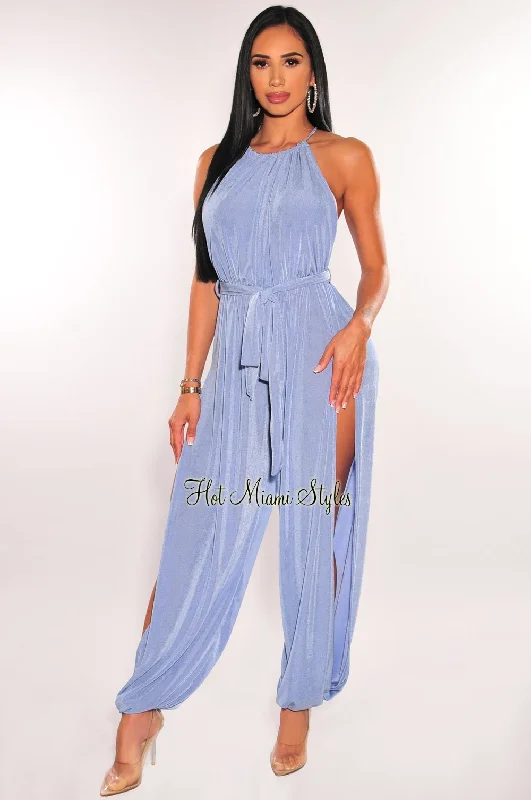 Periwinkle Shimmery Slit Hem Belted Harem Jumpsuit