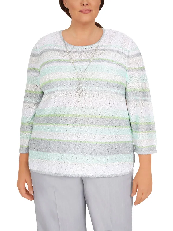 Plus Womens Sequined Striped Pullover Sweater