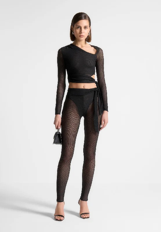 Ribbed Sheer Leggings with Tie - Black