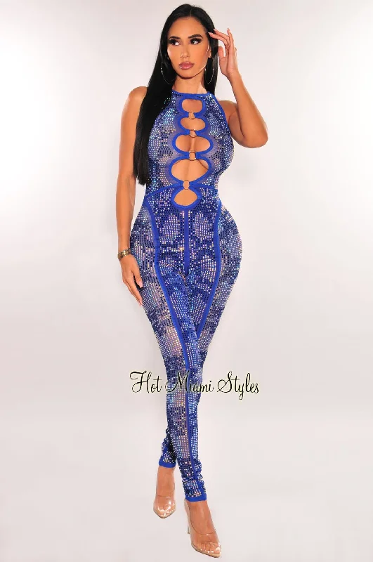 Royal Blue Rhinestone Mesh O-Ring Cut Out Sleeveless Jumpsuit