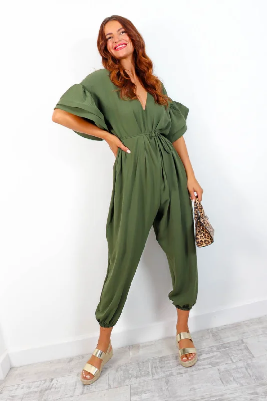 Ruffle Day - Khaki Ruffle Sleeve Jumpsuit