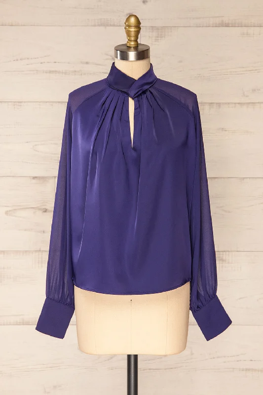 Rumoi Navy | Silky Blouse w/ Sheer Sleeves