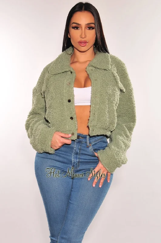 Sage Teddy Collared Long Sleeve Cropped Jacket