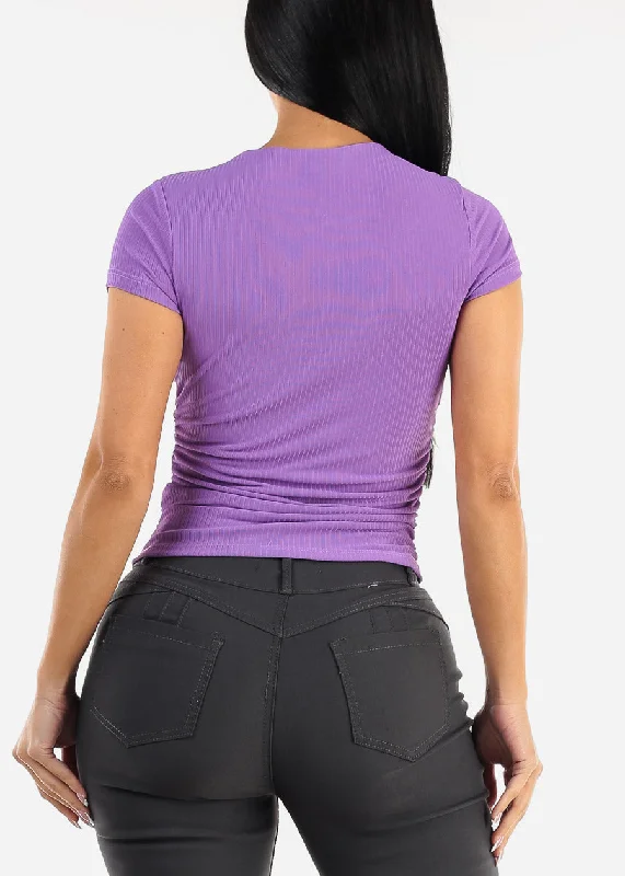 short-sleeve-crewneck-ruched-top-purple-it92460prpl