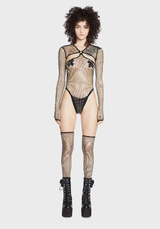 Starry Dancer Rhinestone Fishnet Bodysuit And Thigh High Stockings Set