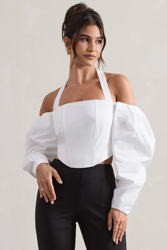 Theatric | Ivory Halter-Neck Corset Top With Puff-Sleeves