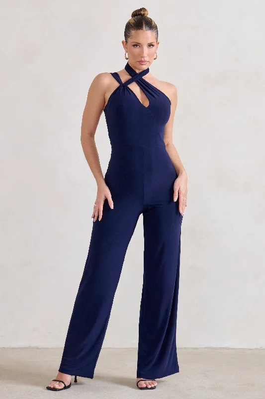 Tilly | Navy Cut Out Halterneck Asymmetrical Jumpsuit