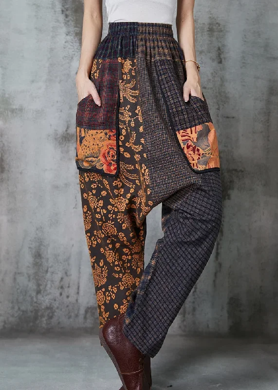 unique-brown-oversized-patchwork-cotton-harem-pants-spring