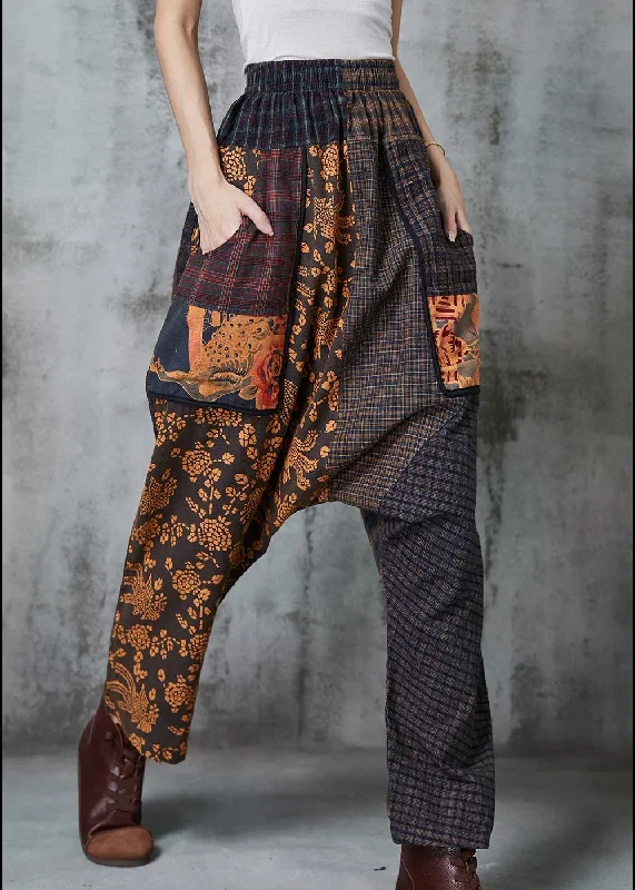 unique-brown-oversized-patchwork-cotton-harem-pants-spring