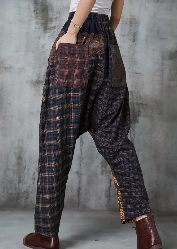 unique-brown-oversized-patchwork-cotton-harem-pants-spring