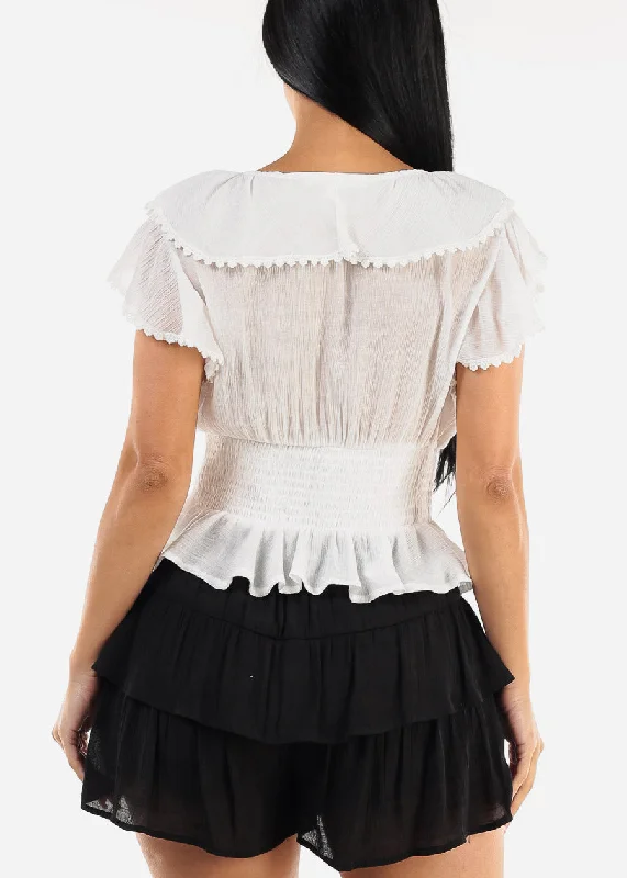 white-short-sleeve-ruffled-top-w-shirred-waist-t1714wht