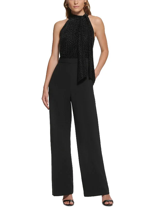 Womens Halter Mixed Media Jumpsuit